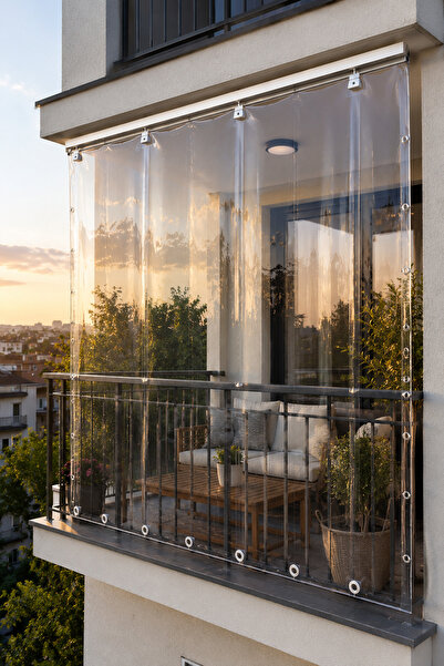 sizenelazım Şeffaf Su Geçirmez Balkon Perdesi 0.40 mm PVC – Kornişli Şeffaf B...