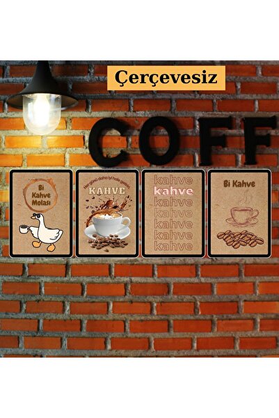 Seçkin Trend Çerçevesiz 4'lü Kahve Duvar Tablosu, Kahve Köşesi, Kraft Kağıt, ...