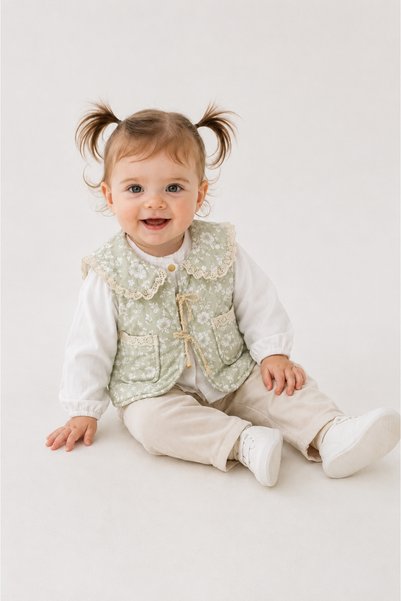 ESPADAKİDS Baby Girl Floral Patterned Vest Shirt Trousers 3-Piece Set