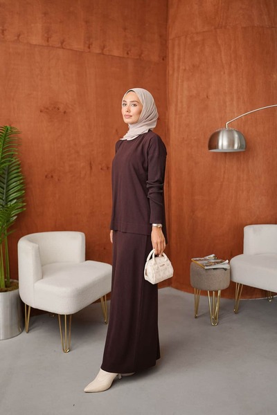 ankanoor Modest Two Piece Set - Burgundy - Long