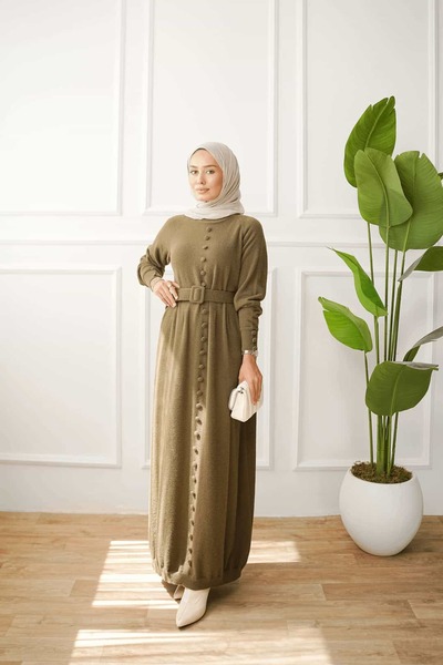 ankanoor Belt Detailed Gray Felt Knitwear Dress Anka261042