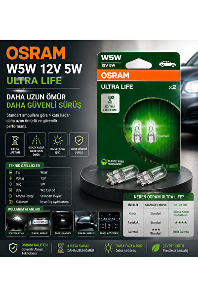 Osram Ultra Life W5W T10 12V 5W Uzun Ömürlü Park Plaka Ampulü 2 Adet