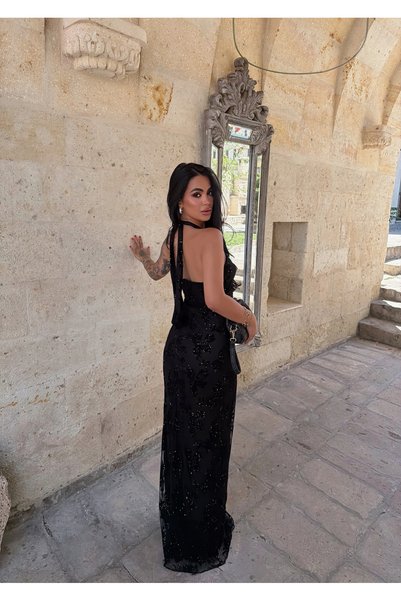 kırmızı butiks Black Jacquard Patterned Maxi Dress