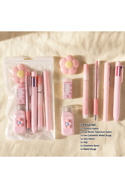 synshop Kawaii Pastel Tonlarda 7 Parça Kırtasiye Seti Çok Renkli Kalem Uçlu K...