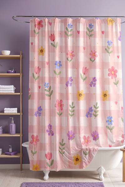 EVPANYA Pink Checkered Flowers Patterned Shower Curtain, Bathtub Curtain 175X...