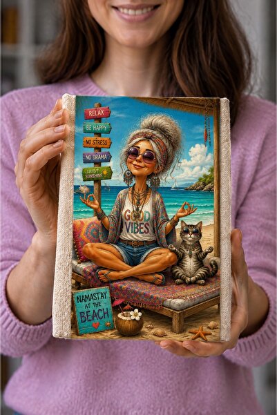 Şımartan "Good Vibes" Beach and Yoga Themed Cat Pattern, Bohemian Style "Nama...