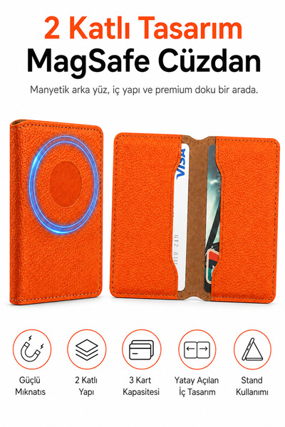 Ayers Premium Erkek 2 Katlı MagSafe Manyetik Telefon Cüzdanı Standlı Kartlık,...