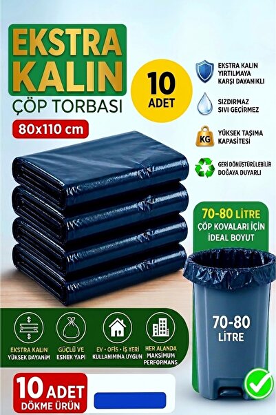 Genel Markalar Extra Kalın Çöp Torbası 80x110cm Siyah Ev Taşınma Çöp Poşeti E...