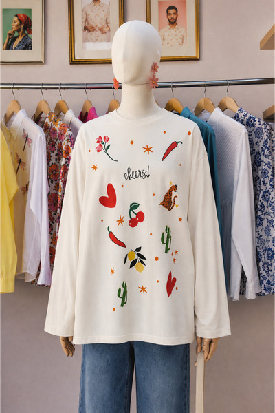 Jose Clothing Beyaz Baskılı Tesettüre Uygun Uzun Kollu Pamuklu Tişört