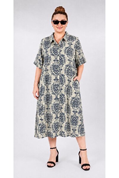 ELSEBUTİKTR Women's Plus Size Cotton Viscose Midi Oversize Loose Cut Shirt Dress