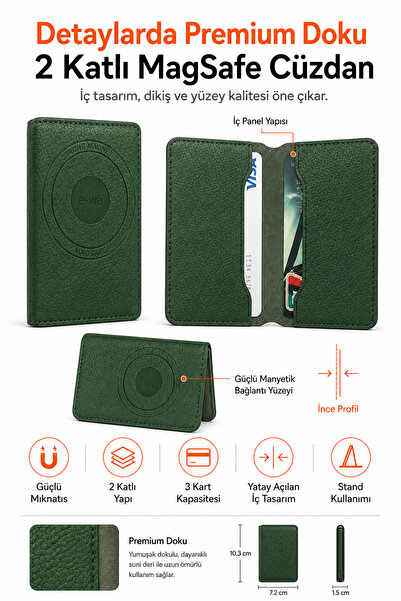 Ayers Premium Erkek 2 Katlı MagSafe Manyetik Telefon Cüzdanı Standlı Kartlık,...