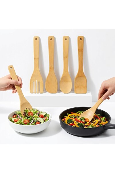 Generic 4-Piece Bamboo Wooden Cooking Utensil Set for Nonstick Pots & Pans St...