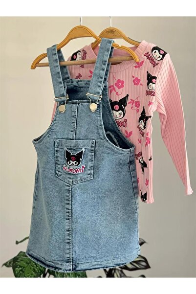 LUFFY KİDS Girl's cat print long sleeve denim jumpsuit set - 2006