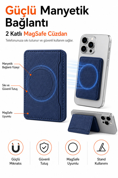 Ayers Premium Erkek 2 Katlı MagSafe Manyetik Telefon Cüzdanı Standlı Kartlık,...