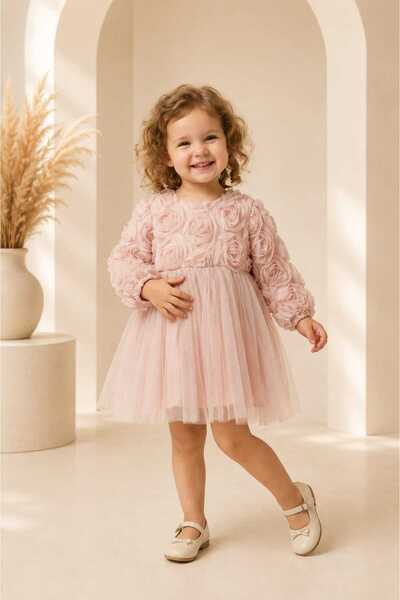 LİLİYUM Rose Princess Long Sleeve Girls' Dress |   3D Rose Appliqued Layered ...