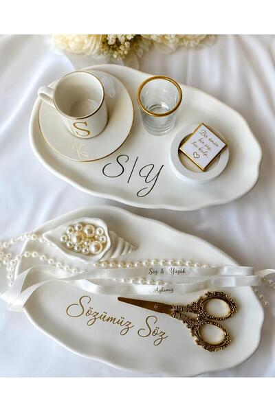 Nes Stylee Nesstylee Söz Nişan Tepsisi Dekoratif Tabak Sunumluk 2'li Tepsi- İ...