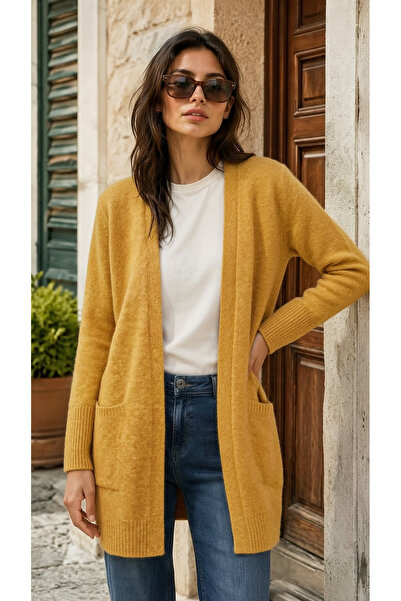 STYLENEST Kadın Hardal Sarısı Uzun Triko Hırka Cepli Yumuşak Dokulu Örgü Hırka