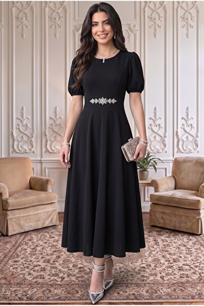 ALFUDO Moda Collection Black Watermelon Sleeve Midi Length Dress