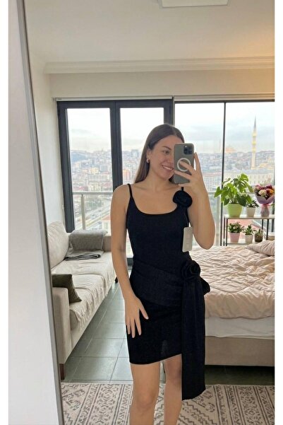 ZABİRA GİYİM Kadın Sarı Çiçek Detaylı Drapeli Mini Elbise – Askılı, Belden Ba...