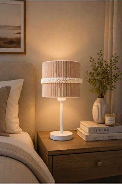 Elizim Home Lighting Makrome Bohem Masa Lambası – 25 cm Şapkalı Oturma Odası-...