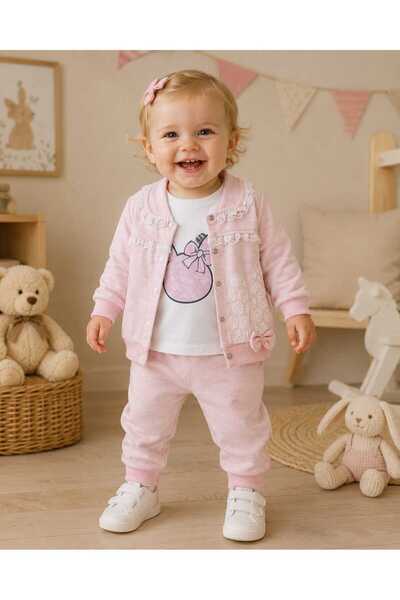 krm kerem bebe Baby Girl 3-Piece Seasonal Cotton Set with Lace Detail and Rab...