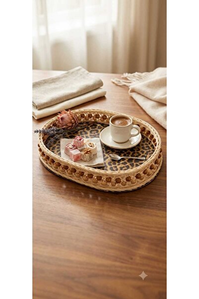 HİLALZEY ESARP SAL El örgüsü Rattan boncuklu ve leopar desenli çok amaçlı tepsi