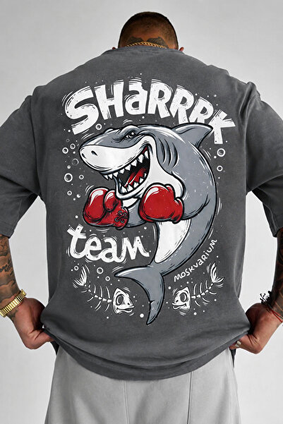 OVER HEAD تي شيرت رجالي كبير الحجم مطبوع عليه Sharkk
