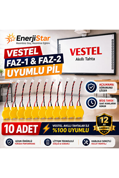 EnerjiStar Vestel Etkileşimli Faz-1 Faz-2 Akıllı Tahta CR2032 Kablolu Soketli Bios Pili 10'lu