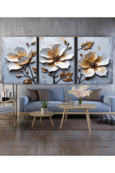 Design Art House 3 Parça Modern Çiçek Tablo Seti – Beyaz Çiçekli Dekoratif Du...