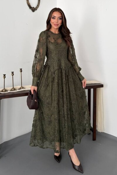 Elbee Fashion Woman Χακί Δαντελωτό Φόρεμα με Κορδόνι