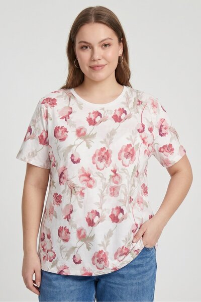 MUDD Women Crew Neck Short Sleeve Floral Print T-Shirt, Multicolor