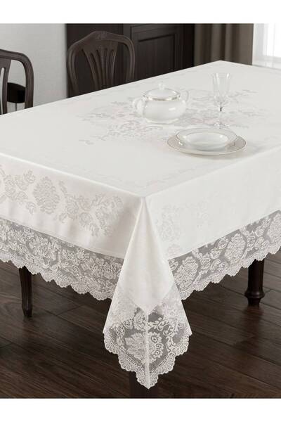 SBR Față de Masă Elegantă cu Dantelă Premium, Impermeabilă, Jacquard Alb – Model Elegant pentru Sufragerie și Evenimente
