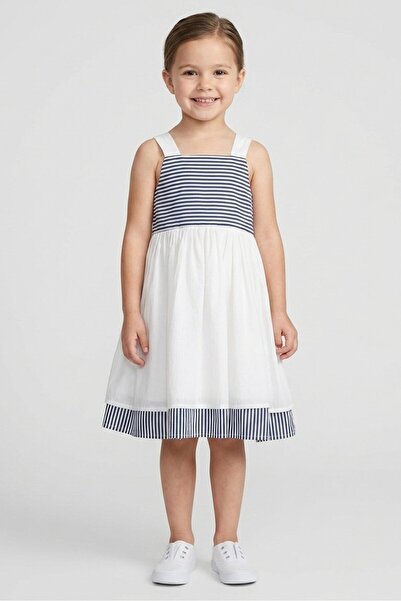 Miss Kids Girl 2 Pieces Stripe Dress With Hair Clip Set, White