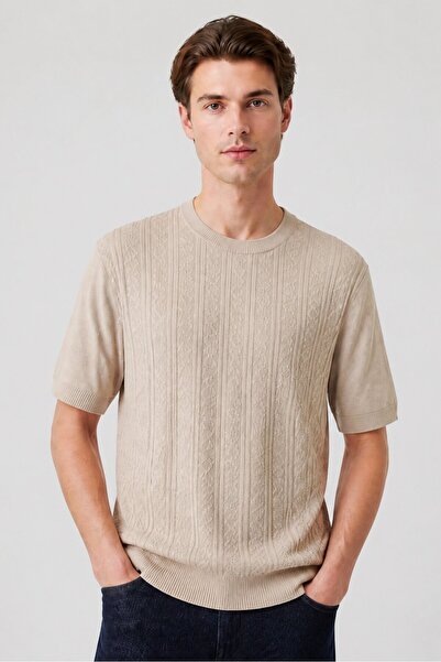 Brave Soul Men Ribbed Neck Pointelle Knitted T-Shirt, Slate Blue, Stone