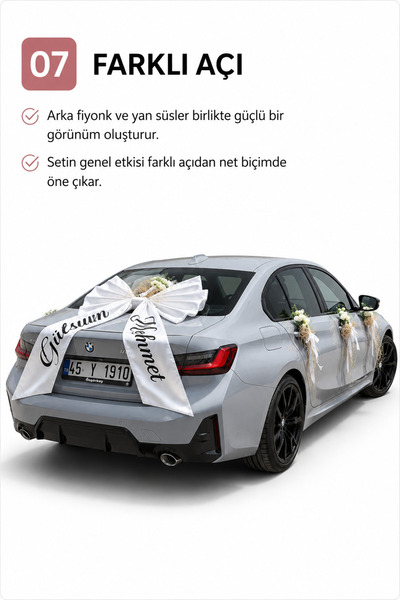 Beyaz Lilyum Gül Rafya Gelin Arabası Süsleme Seti - Fiyonklu | Kolay Kurulum