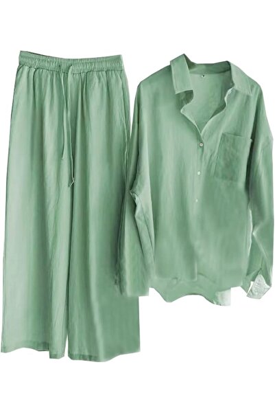 GENERAL Beralst Women's Linen Button-Down Shirt and Wide-Leg Pants Two-Piece Set