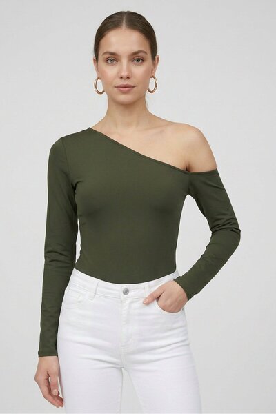 The Giving Movement Women Asymmetrical Neck Plain Long Sleeve Bodysuits, Dark...