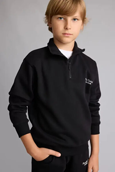 DeFacto Ular Fit Half Zipper High Collar Soft Fleece Inside Lettering Embroid...