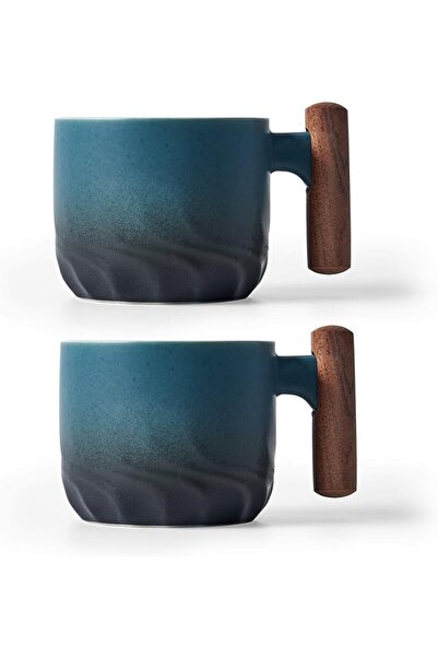 GENERAL Blue Mug Ceramic Espresso Cups with Wooden Handle, Ceramic Tea Cups f...