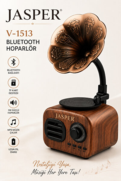 JASPER Jpr-1513 Nostalji Gramofon Bluetooth Hoparlör Kablosuz Taşınabilir Ses...