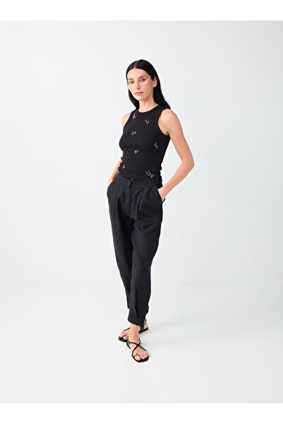 Jimmy Key Black 100% Linen High Waist Trousers with Leg Detail