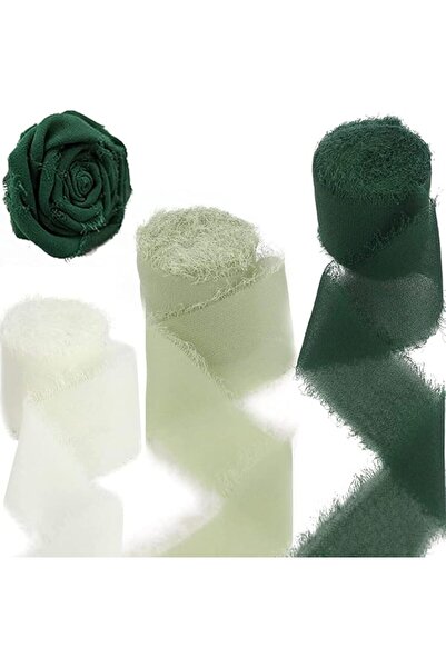GENERAL 3 Rolls Handmade Green Chiffon Ribbon, 1.5 Inch X 5.5 Yards, Frayed E...