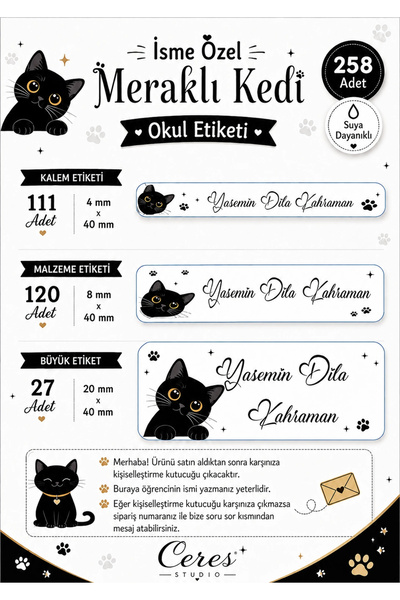 Ceres Studio Beyaz İsimli Kişiye Özel Suya Dayanıklı Meraklı Kedi Okul Etiketi – 258 Adet İsimli Çıkartma