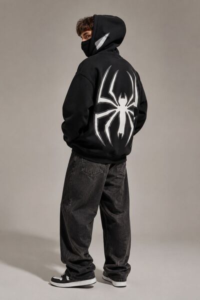 ZEMLİYA Unisex Spider Printed Zippered Oversize Hooded Sweatshirt