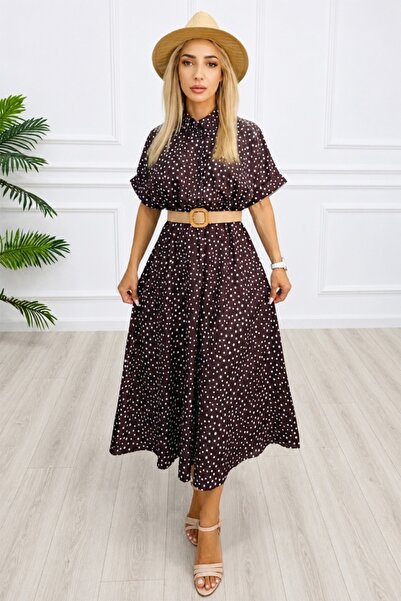FashionForYou Rochie midi casual EVELISSE, cu guler tip cămașă și curea textu...