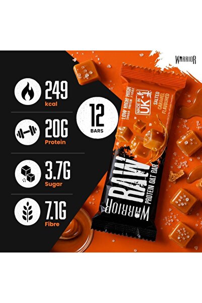 warrior RAW Protein Bars 12 x 75g High Protein Oat Flapjack Snack 20g Protein Per Bar, Low Sugar, High Fibre, Oat Flapjack, Protein Snacks, Meal Replacement Bars, On-the-Go (Salted Caramel)