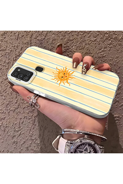 SLIMFELT Samsung Galaxy A21S Uyumlu Çizgili Retro Güneş Desenli Silikon Kılıf...
