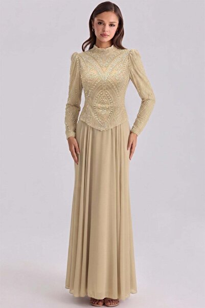 Olcay Stone Embellished Tulle Chiffon Combination Exclusive Hijab Evening Dre...