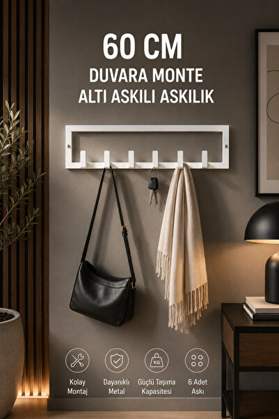 Havare Metal 60x15 cm Duvara Monte Metal Askılık 6 Askılı Modern Duvar Askısı...
