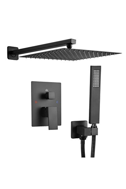 OMS Set de dus, Montaj incastrat, Inox, Negru mat, Cap dus patrat cu efect pl...